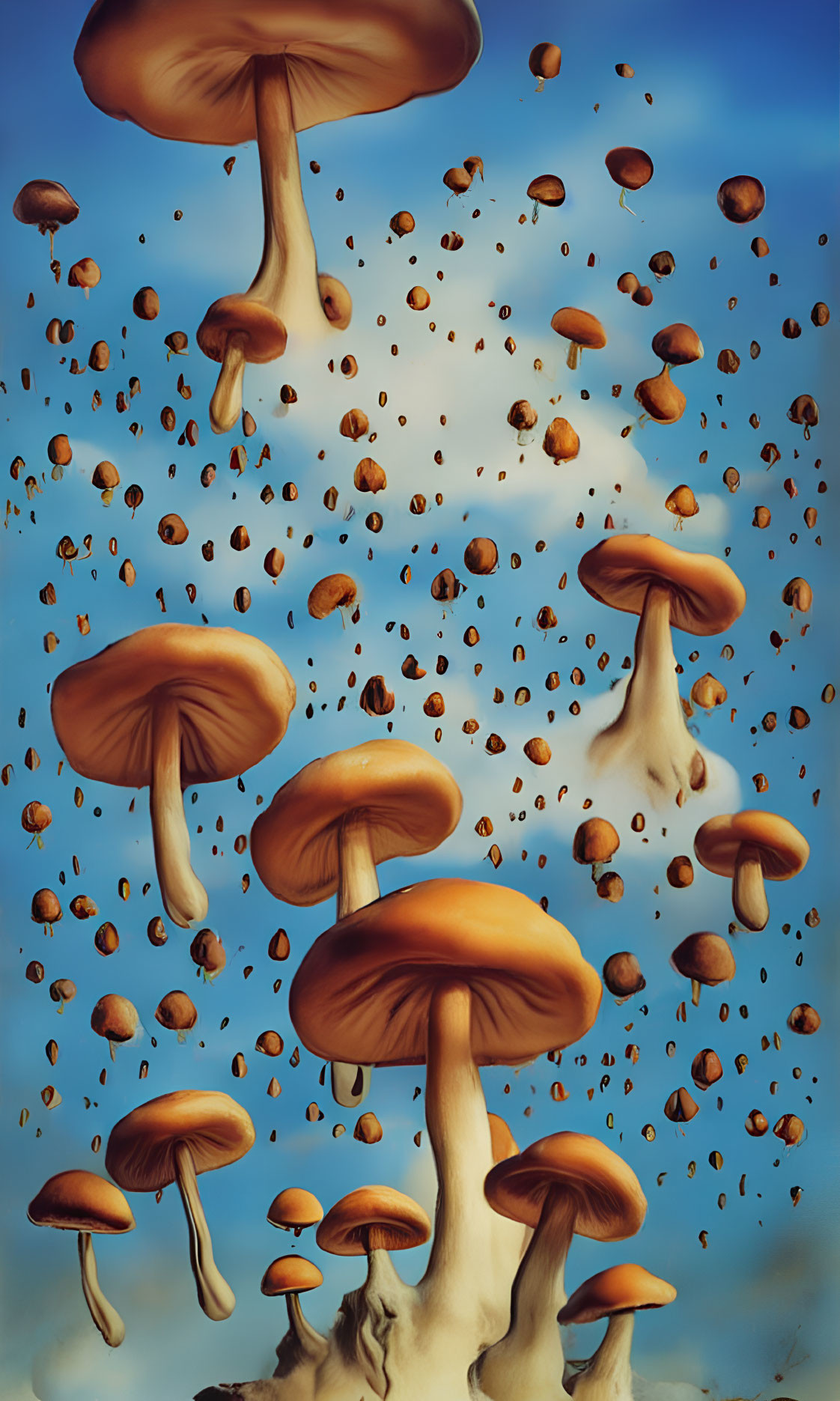 Surreal oversized mushrooms with smaller ones against a blue sky