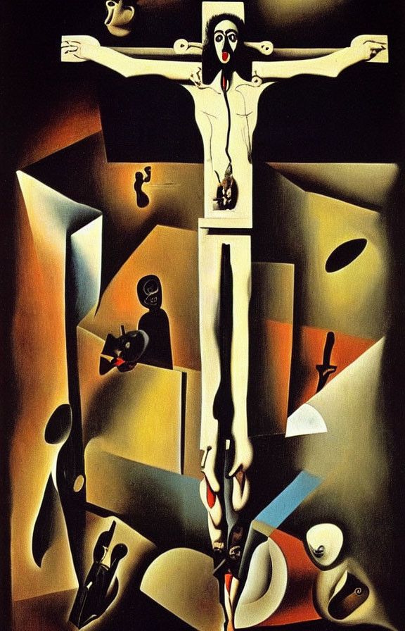 Surrealist Crucifixion Painting with Elongated Limbs and Abstract Background