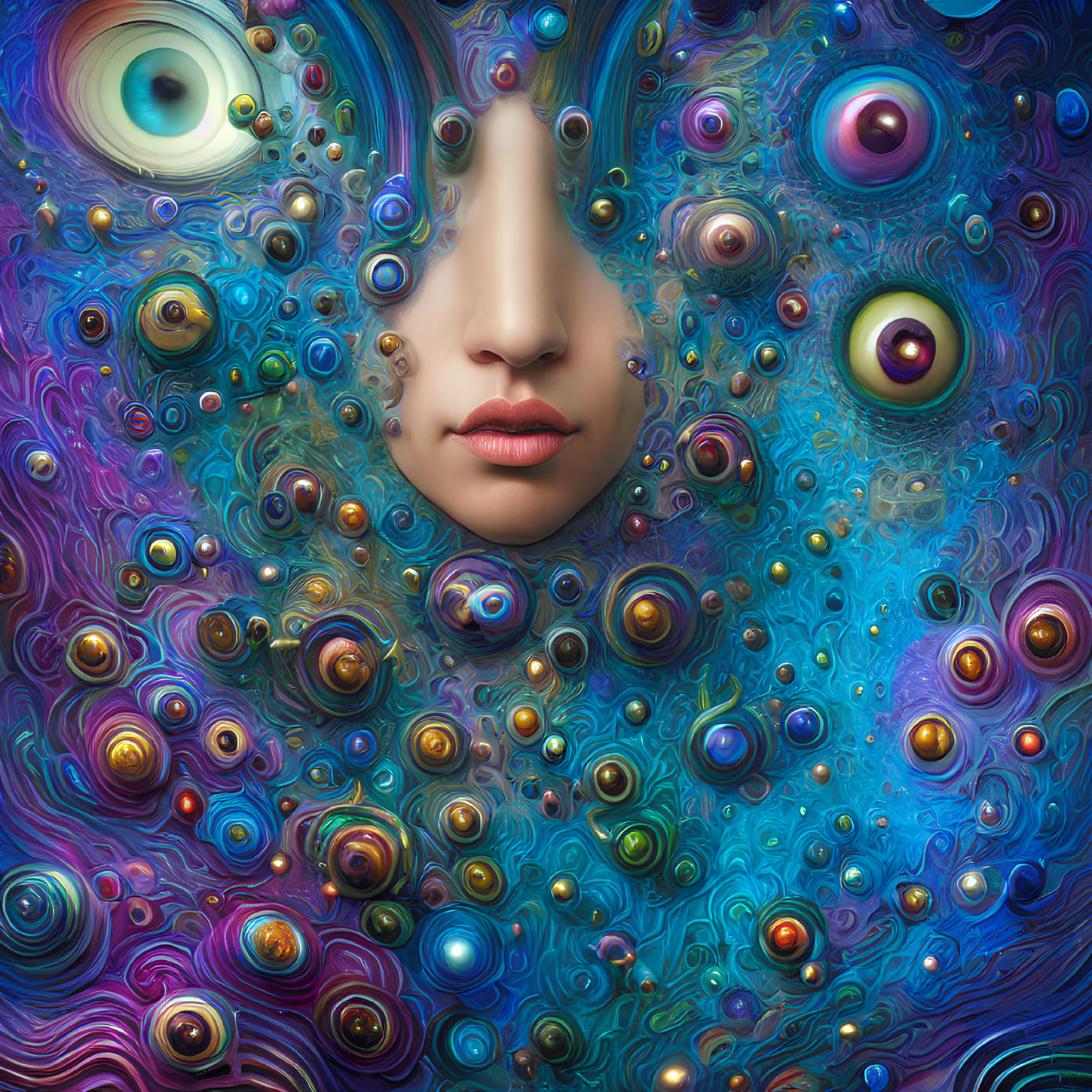 Colorful surreal portrait blending human face with swirling patterns and multiple eyes on vibrant background