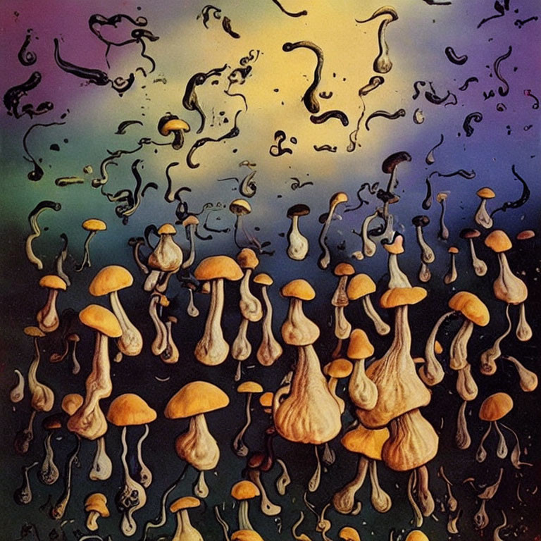 Vibrant mushroom-like forms on swirling gradient background
