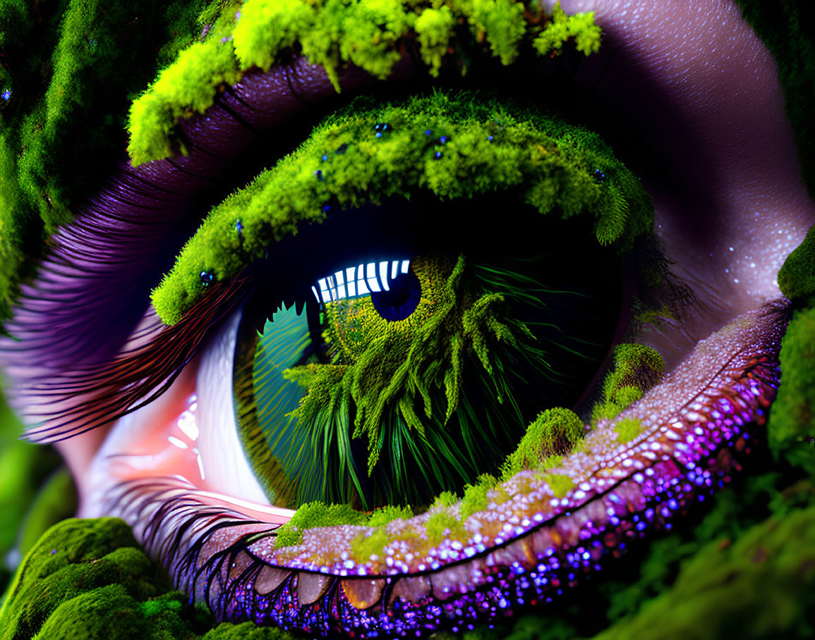 Detailed Close-Up of Vibrant Green Eye with Moss-Like Textures