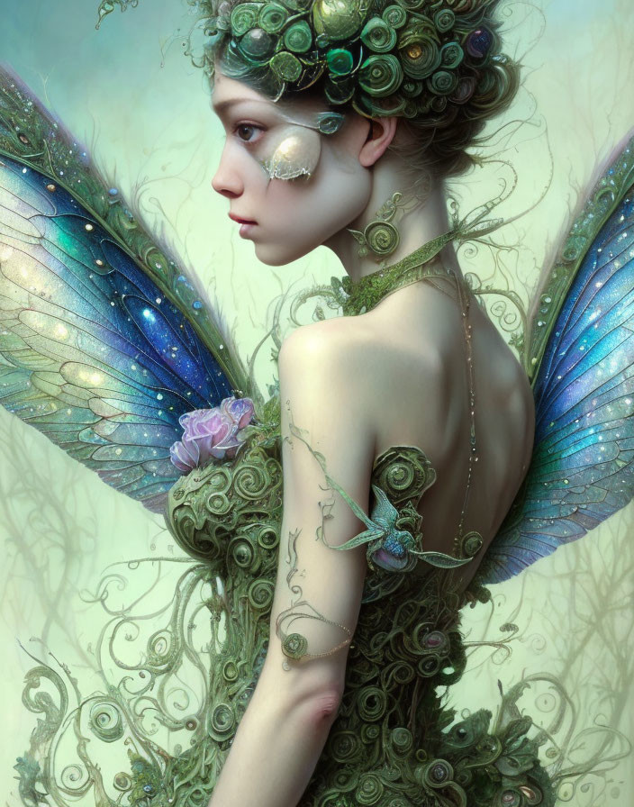 Fairy with iridescent wings and greenery attire in mystical setting