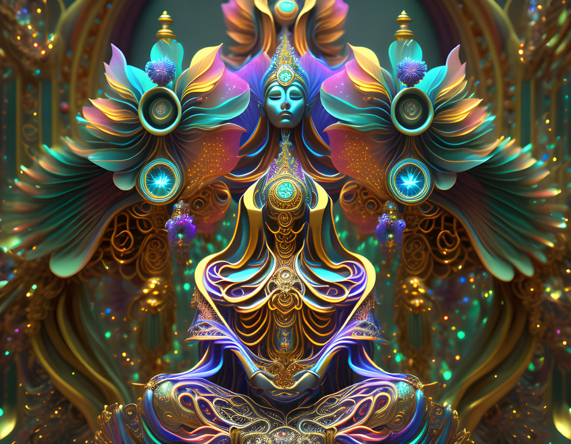 Symmetrical, multi-layered digital artwork of serene deity with ornate patterns