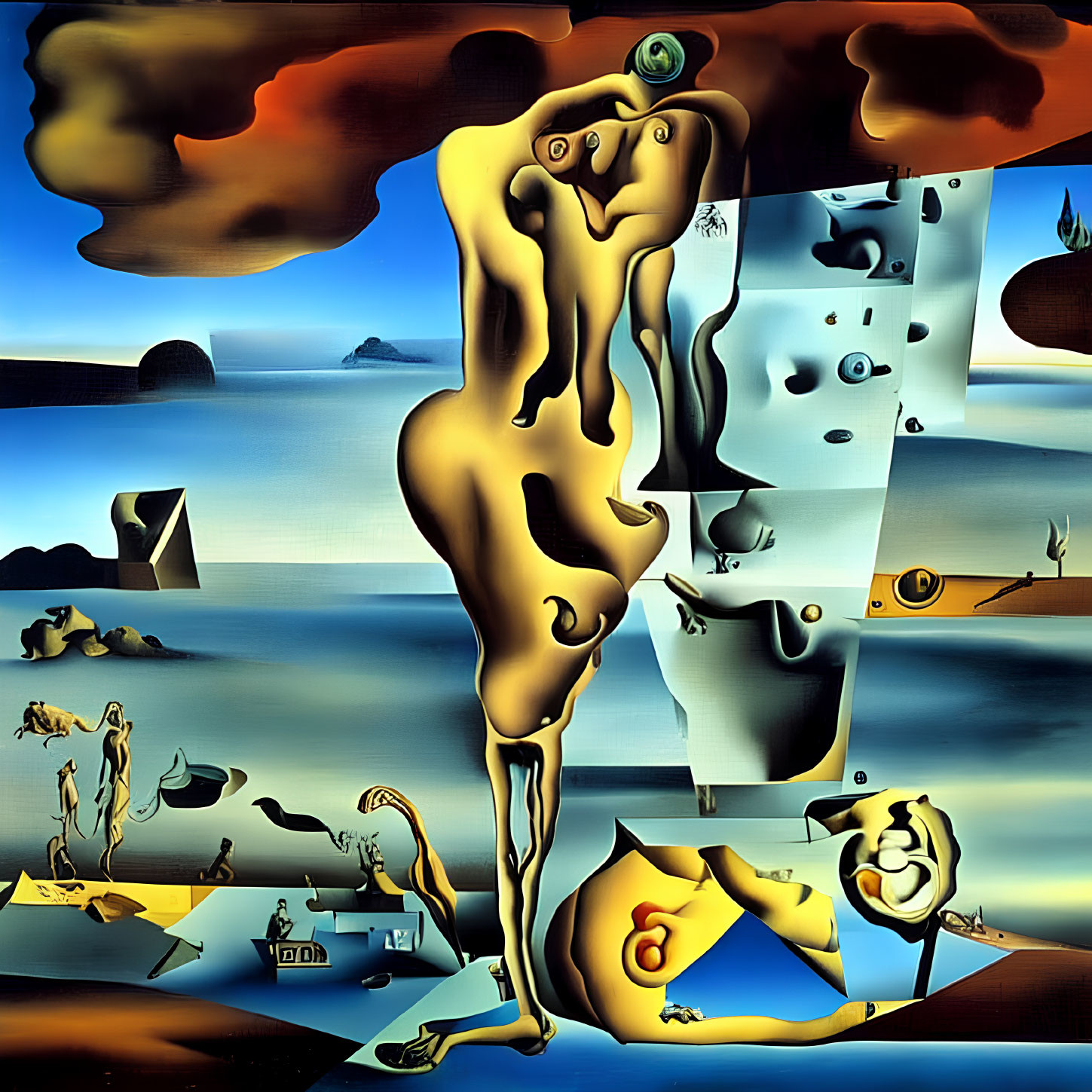 Surrealistic painting of melting clocks and distorted figures in desolate landscape