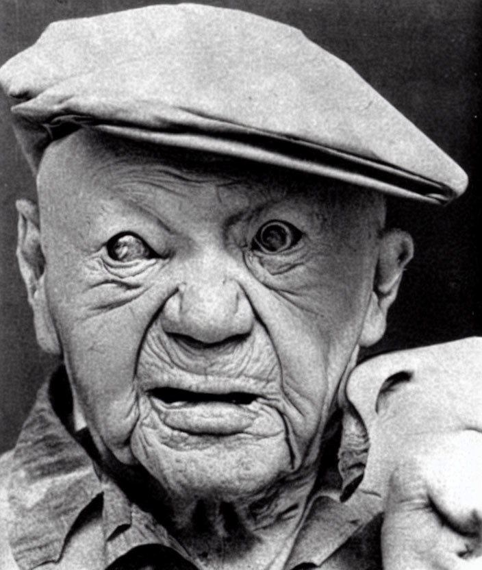Monochrome close-up of elderly man with expressive facial wrinkles in flat cap and checkered shirt