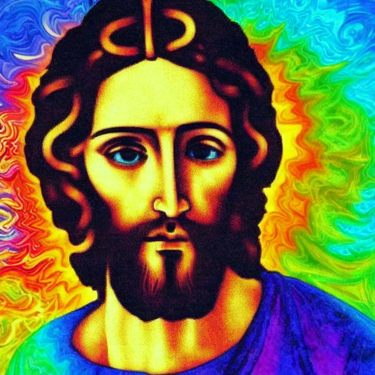 Colorful portrait of figure with wavy hair, beard, and serene expression on swirling psychedelic background