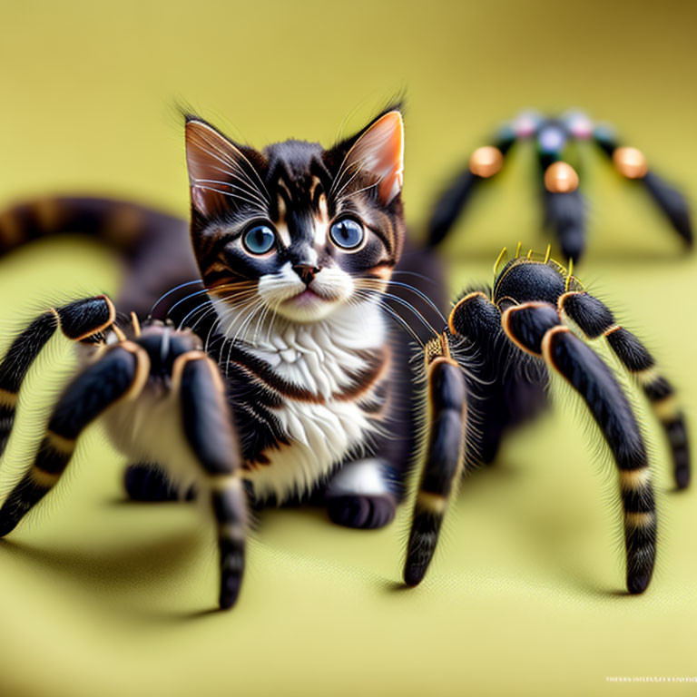 Small kitten with expressive eyes and looming tarantula on yellow background