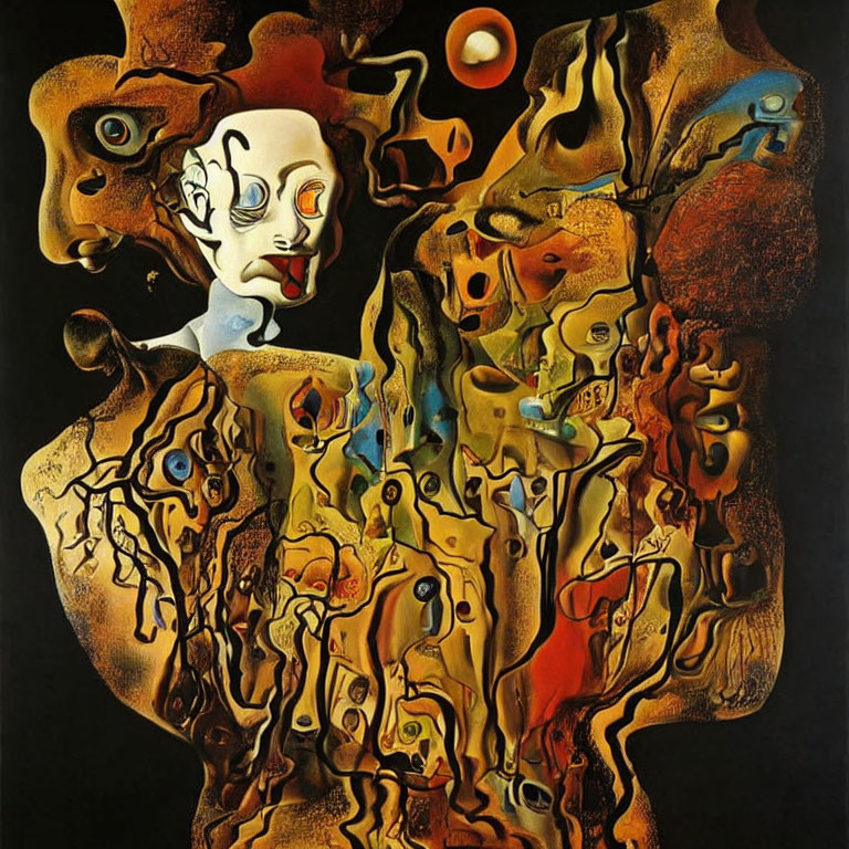 Abstract painting: Distorted faces in browns and yellows, whimsical surreal composition