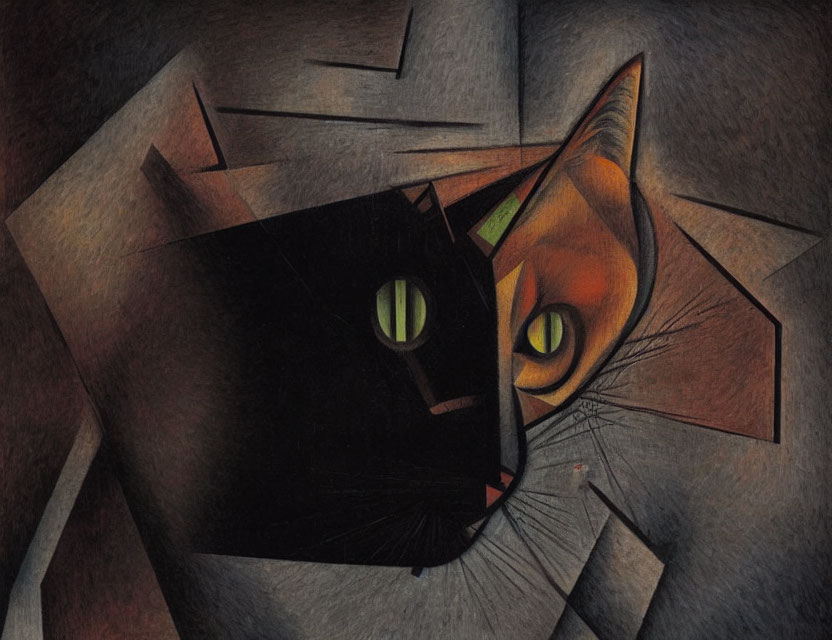 Abstract Cubist Painting Featuring Two Cats in Muted Colors