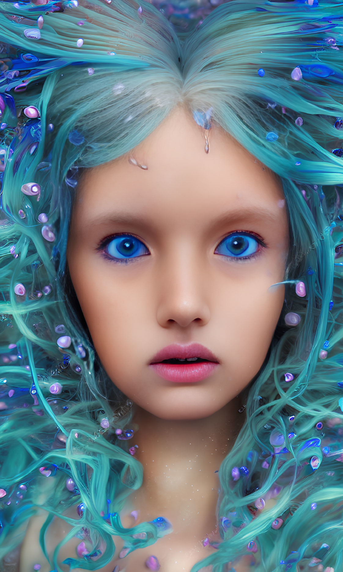 Portrait of a girl with blue eyes and turquoise hair on blue background