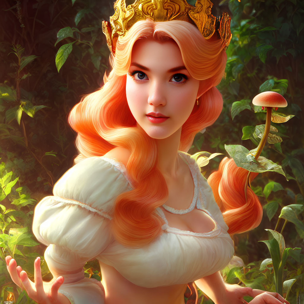 Illustration of woman with orange hair and gold crown in forest setting