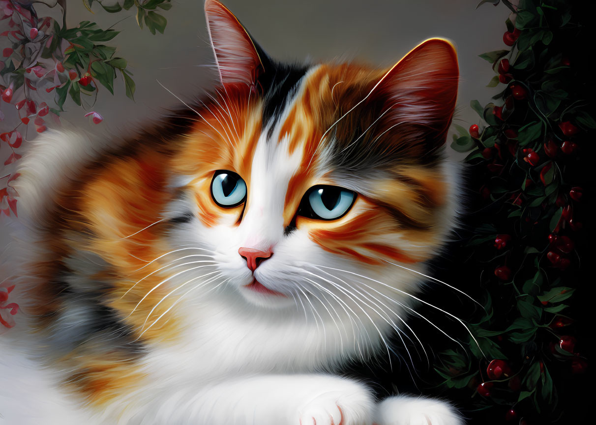 Colorful Tricolor Cat with Blue Eyes in Foliage with Red Berries