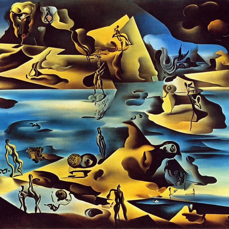 Surrealist landscape with distorted figures and melting objects