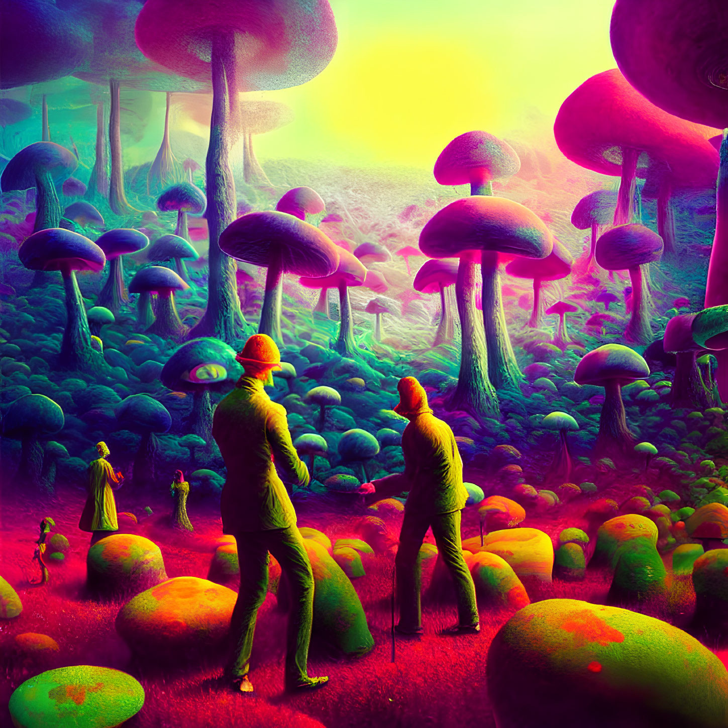 Colorful Fantasy Landscape with Towering Mushrooms and Figures in Yellow Jackets