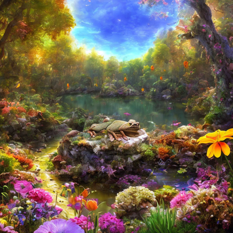Fantasy landscape with pond, flowers, dragon under sunny sky