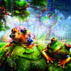 Colorful Cartoon Frogs in Lush Fantasy Scene