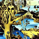 Surreal painting: oversized mushrooms with human faces and small figures on blue sky