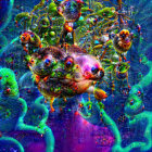 Colorful Frogs in Psychedelic Underwater Scene