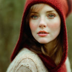 Young girl with long brown hair in red hood and beige sweater gazes pensively in nature.