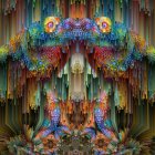 Symmetrical, multi-layered digital artwork of serene deity with ornate patterns