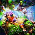 Colorful, whimsical frogs in vibrant, psychedelic setting among floating orbs and lush flora