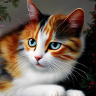 Calico Cat with Green Eyes Surrounded by Dark Green Foliage