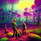 Colorful Fantasy Landscape with Towering Mushrooms and Figures in Yellow Jackets
