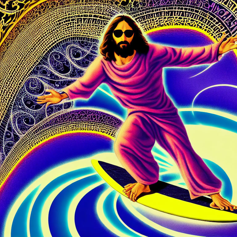Psychedelic illustration of man surfing colorful wave