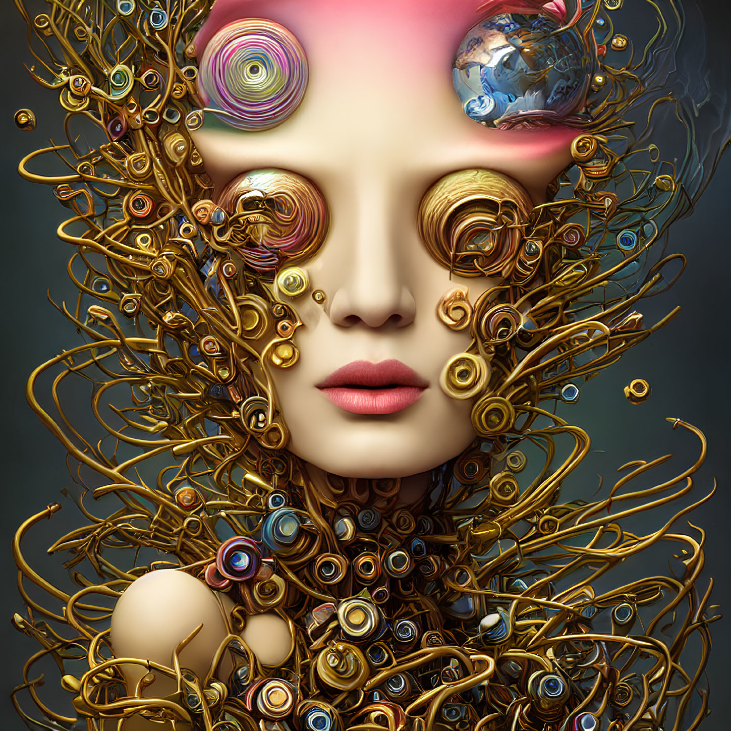 Surreal portrait featuring female figure with golden spiral hair and Earth-like sphere.
