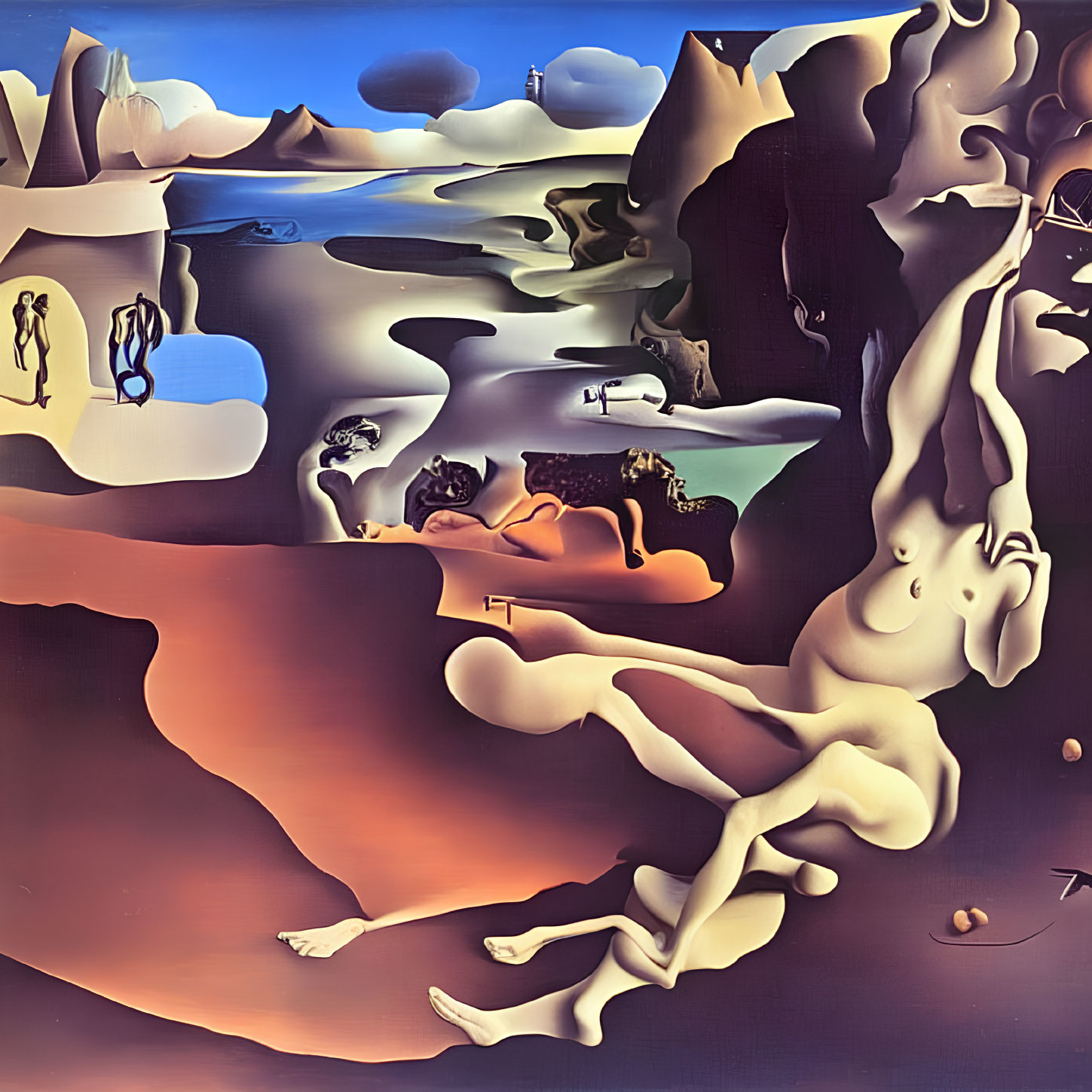 Abstract surreal landscape with melting shapes and distorted perspectives in warm tones