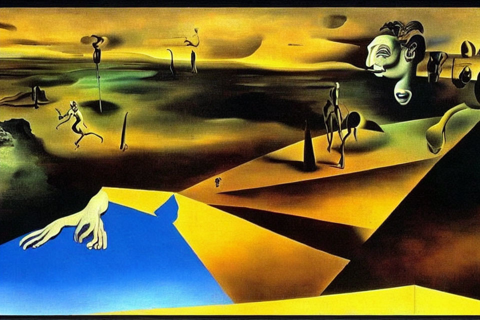 Surrealist painting featuring distorted figures, face, and abstract shapes on yellow landscape