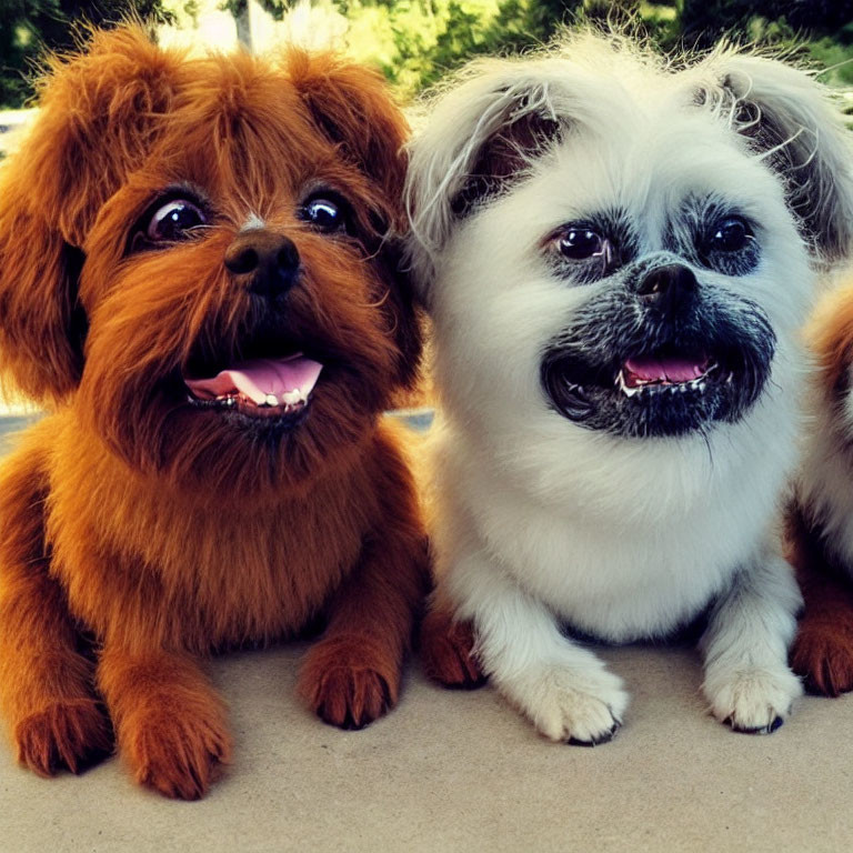 Two Cartoonish Small Fluffy Dogs Sitting Together