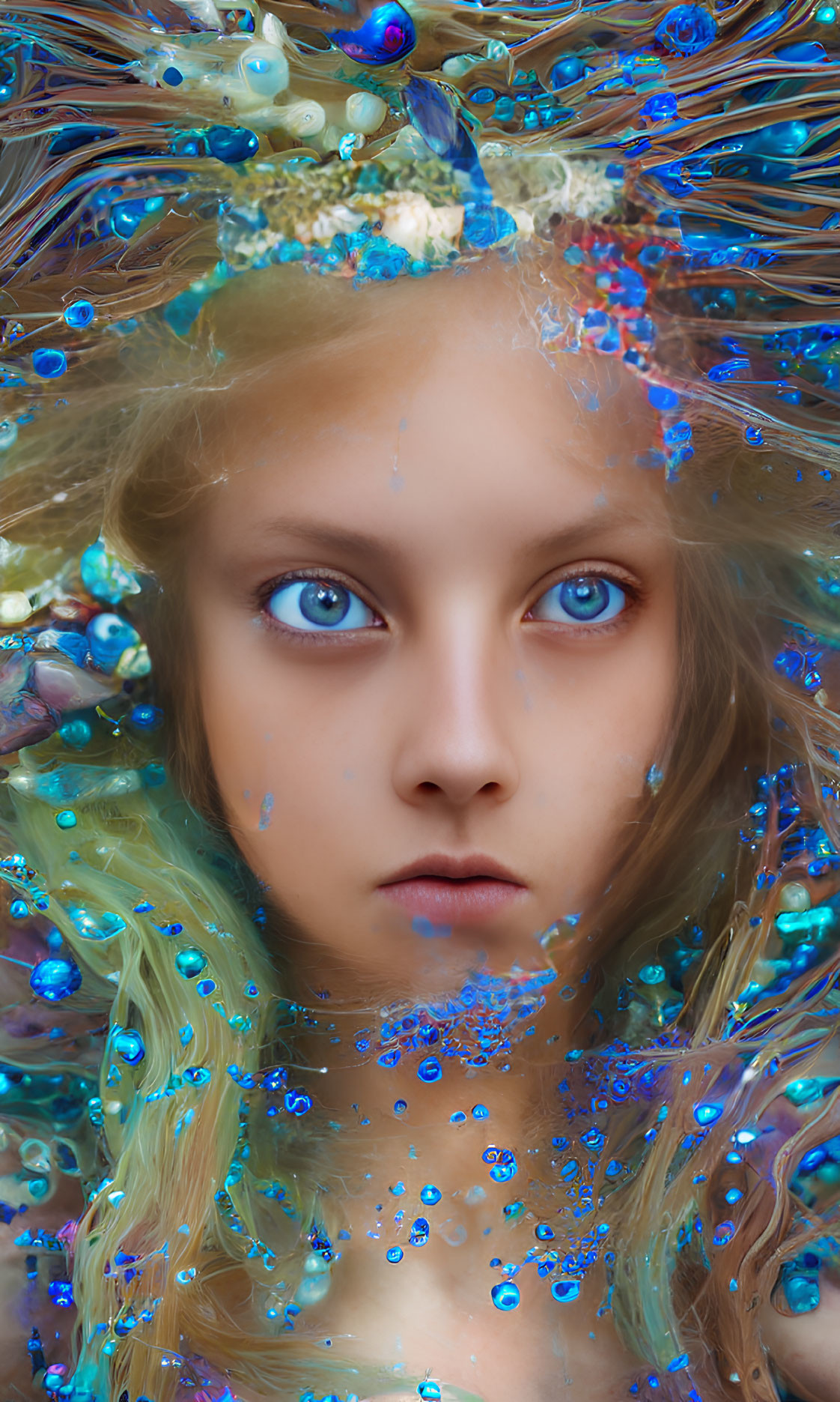 Surreal portrait of young girl with blue eyes in swirling blue and gold hues