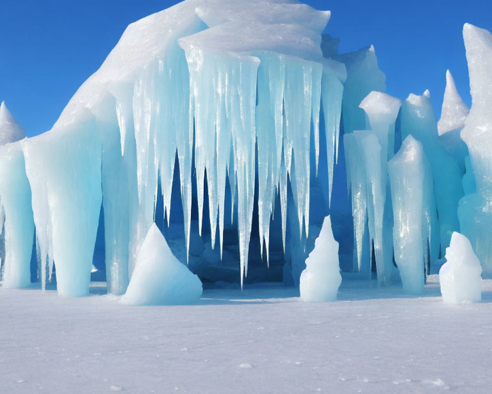 Vivid Blue Ice Formation with Sharp Icicles in Snowy Landscape