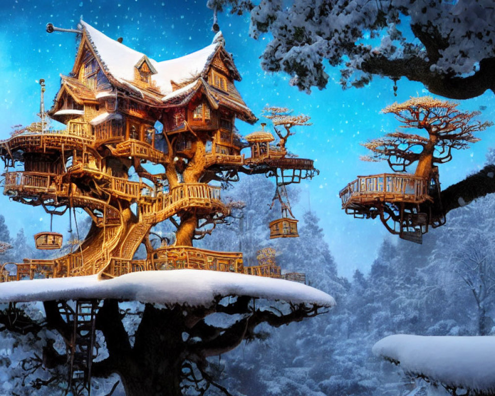 Snow-covered wintry forest treehouse with bridges