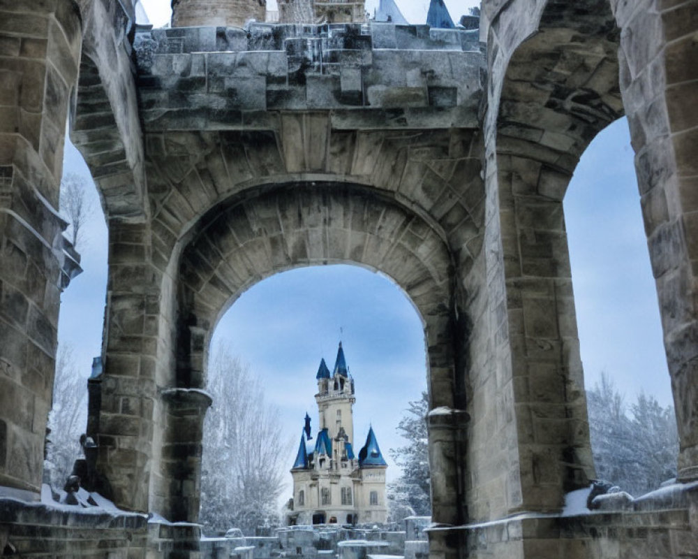 Snowy Fairytale Castle Framed by Stone Archway