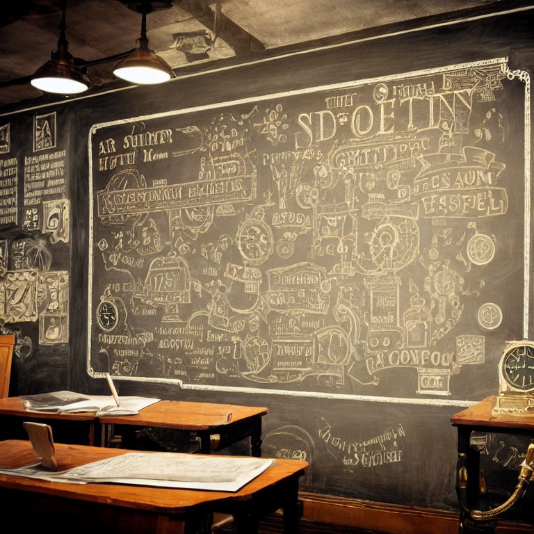 Vintage Classroom with Wooden Desks and Elaborate Chalkboard Diagrams