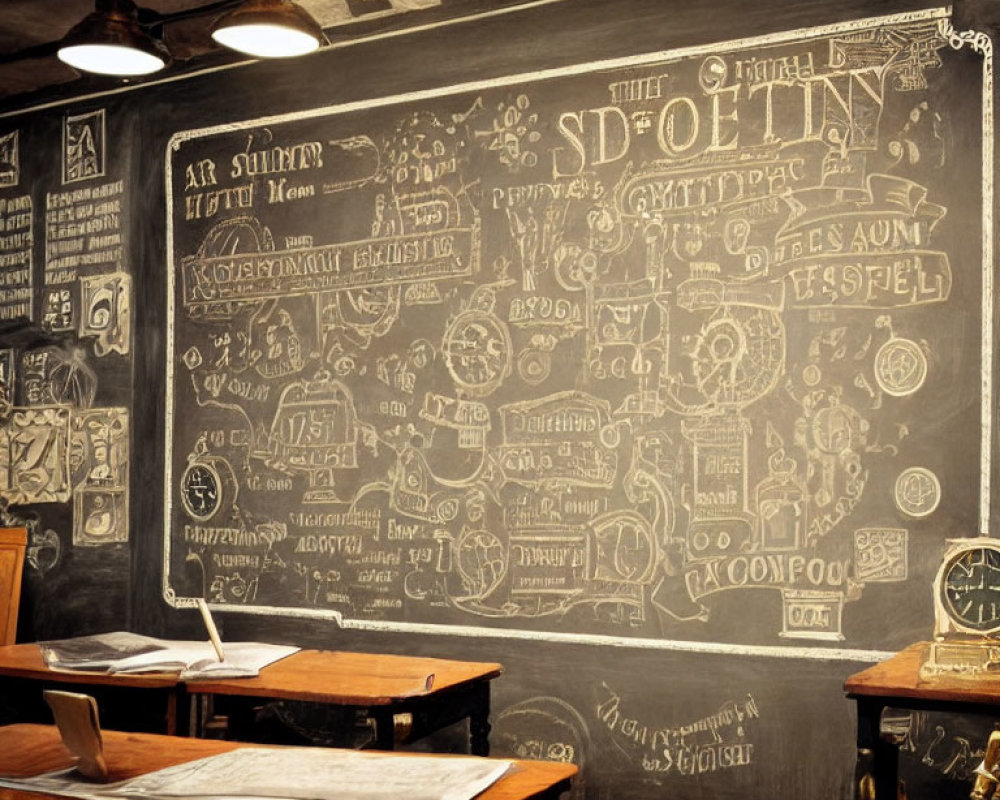 Vintage Classroom with Wooden Desks and Elaborate Chalkboard Diagrams