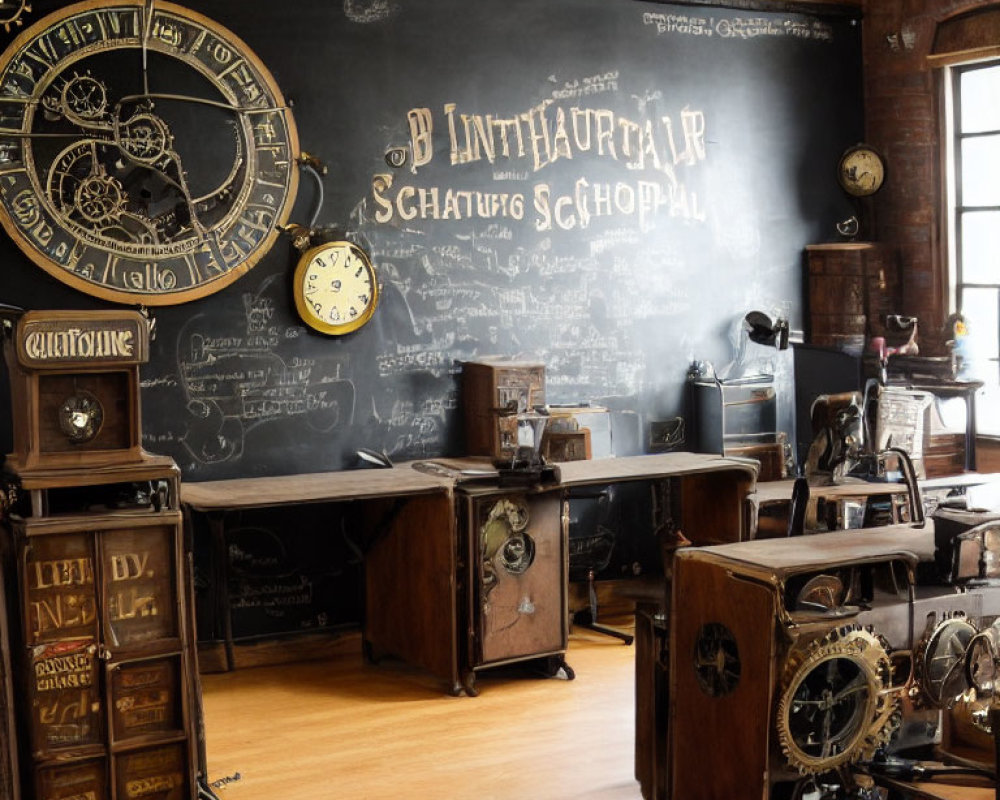 Vintage Room with Desks, Typewriters, and Intricate Chalkboard Designs