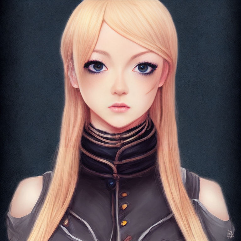 Blonde female character portrait with blue eyes and high-collared outfit