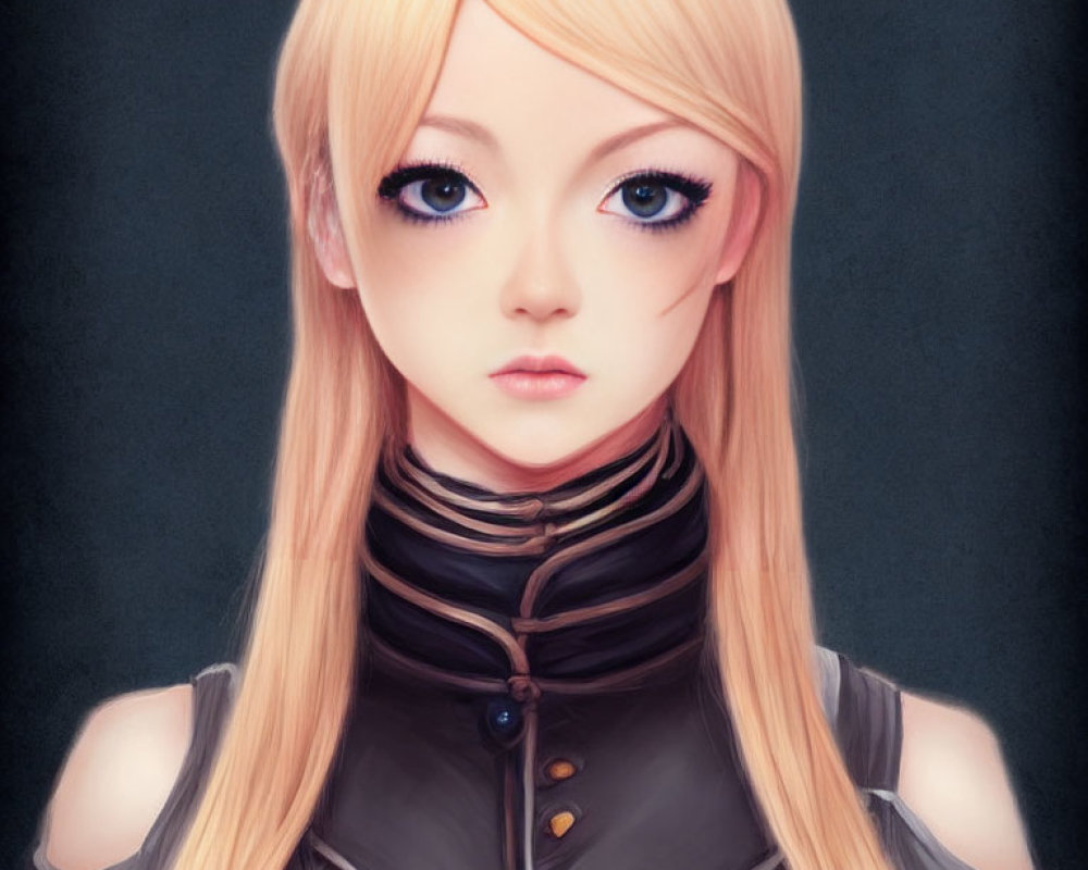 Blonde female character portrait with blue eyes and high-collared outfit