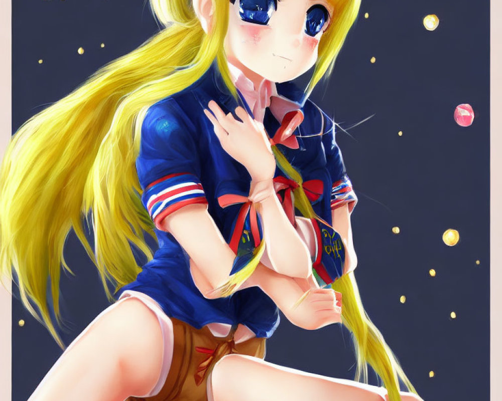 Blonde Girl Anime Illustration in Blue School Uniform