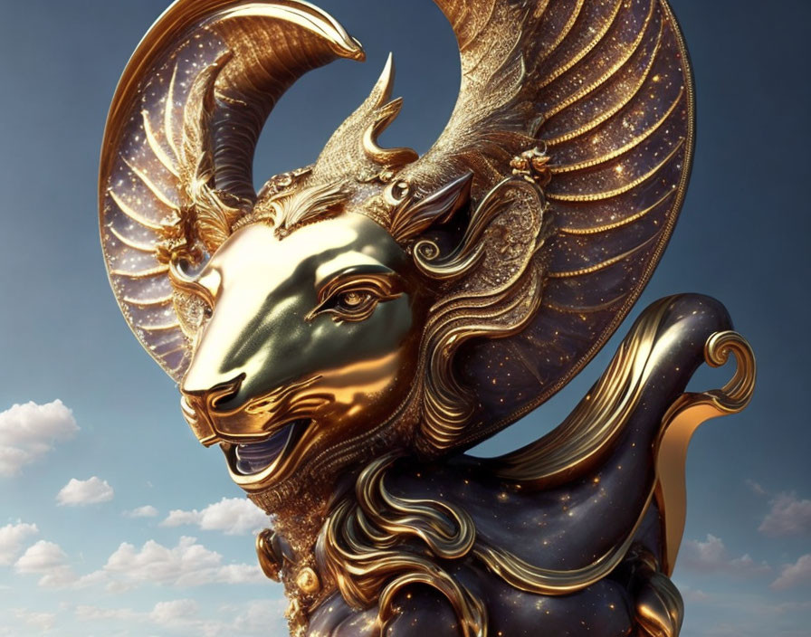 Intricate Golden Ram Sculpture with Starry Coat and Cloudy Sky