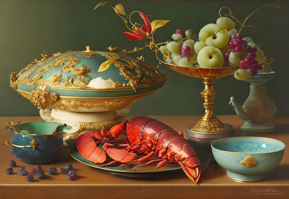 Golden tureen, lobster, fruits, and bowls on table