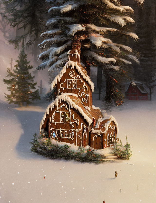 Gingerbread house with icing under snow-covered tree in winter forest