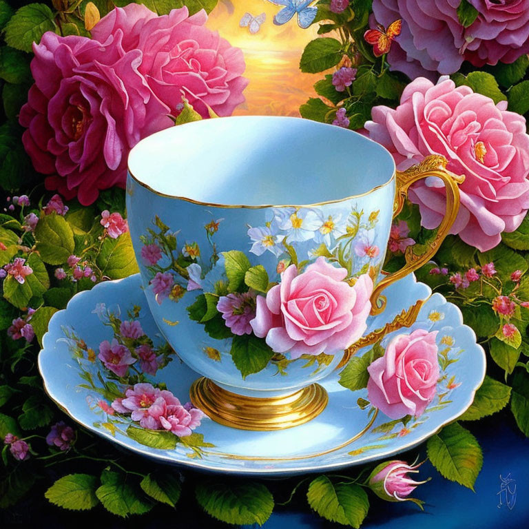 Elegant Blue Porcelain Teacup Set with Gold Trim and Pink Rose Designs