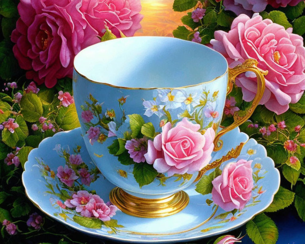 Elegant Blue Porcelain Teacup Set with Gold Trim and Pink Rose Designs