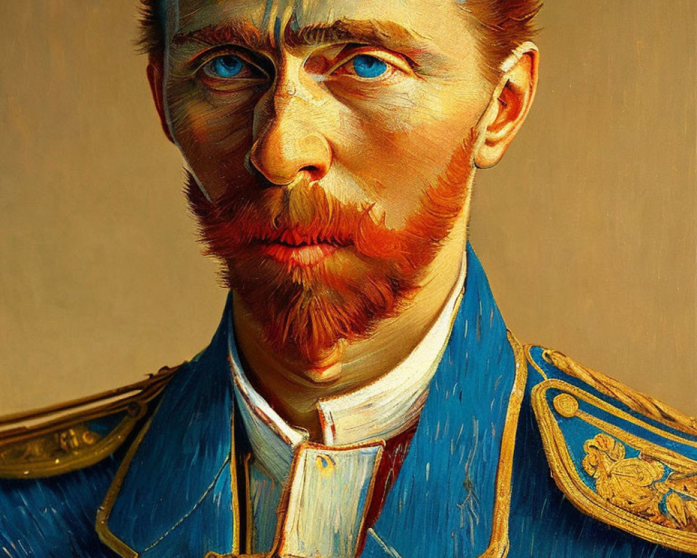 Man in Blue Military Uniform Painting with Bold Brushstrokes