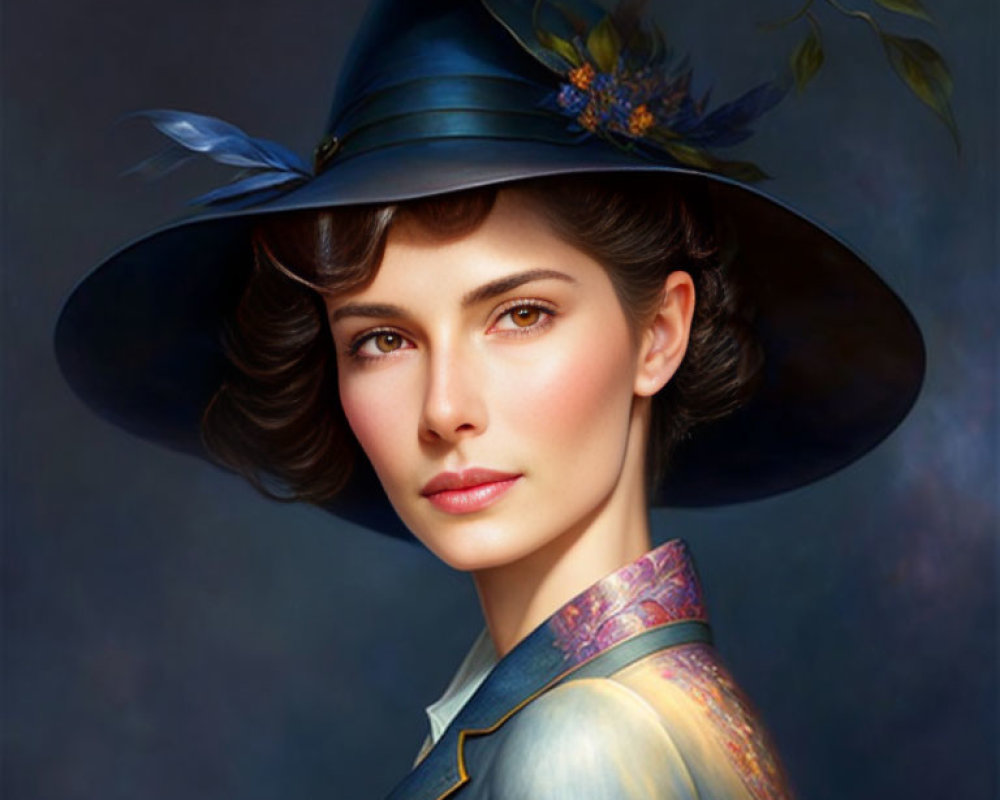 Woman with Short Wavy Hair in Blue Floral Hat and Coat Artwork