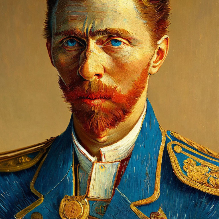 Man in Blue Military Uniform Painting with Bold Brushstrokes